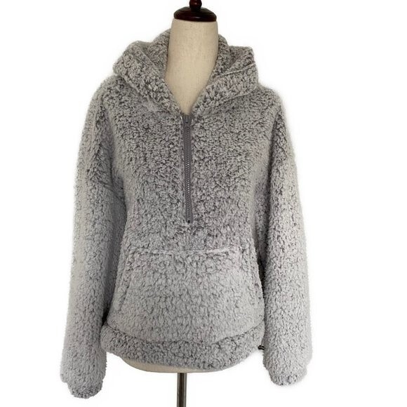 NWT  Almost Famous Silver Gray Sherpa Fleece Shearling Hoodie Partial Zip XL - Picture 1 of 11